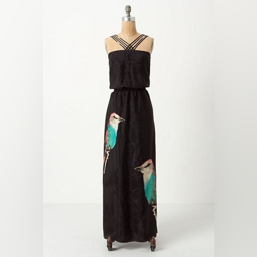 Anthropologie Leifsdottir black teal pink white 100% silk bird print maxi dress